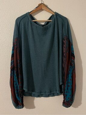 Free People We The Free Top Size Large Green Boho Print Balloon Long Sleeve
